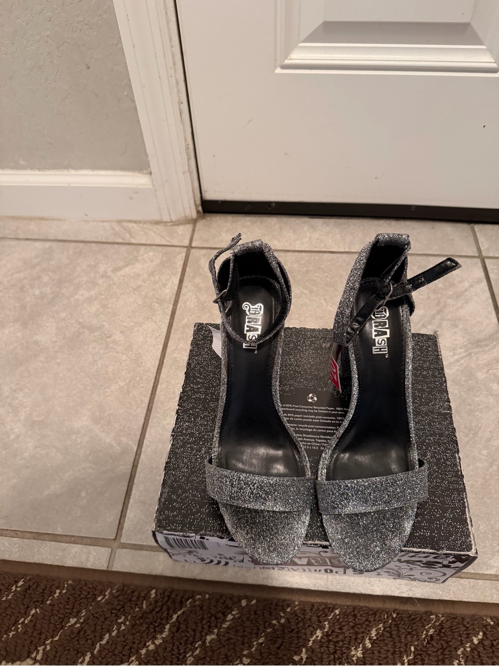 Brash Silver Glitter Open-Toe Ankle-Strap Heels. Brand New WO tags